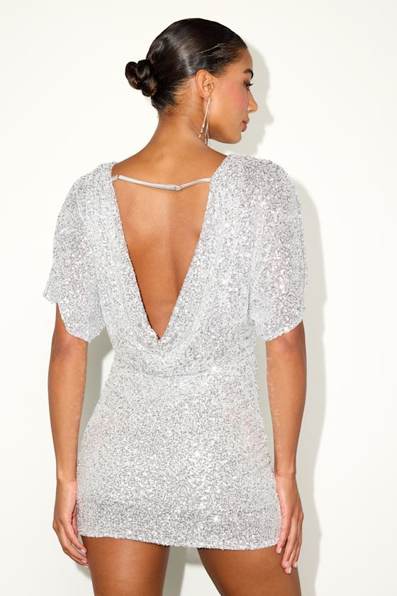 Aravalli Silver Sequin Cowl Back Short Sleeve Mini Dress
