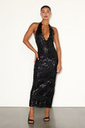 Adelia Black Lace Sequin Plunging Maxi Dress