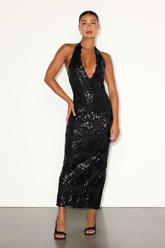 Adelia Black Lace Sequin Plunging Maxi Dress