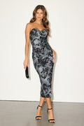 Armali Grey Abstract Floral Strapless Midi Dress