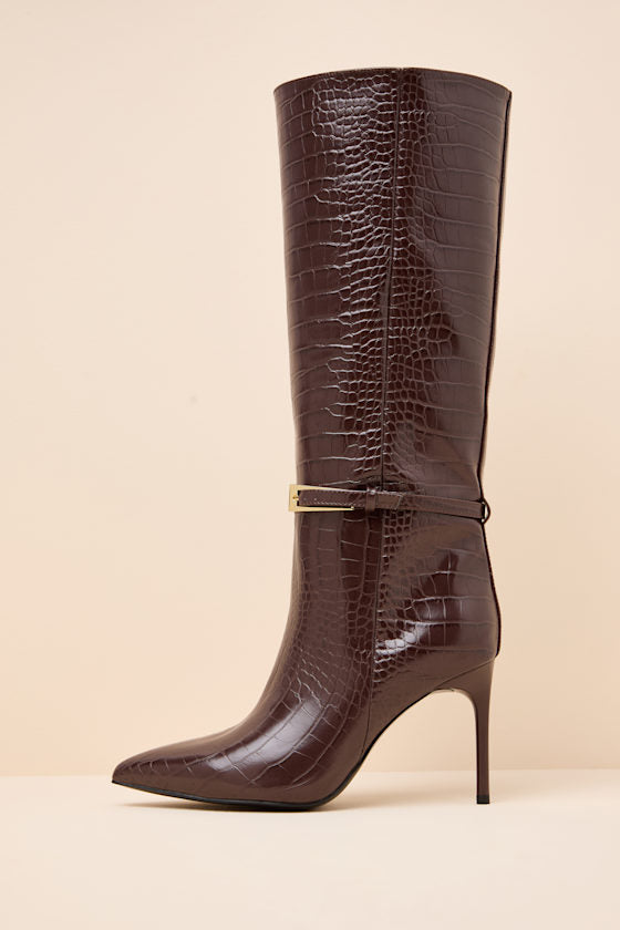 Cadee Brown Croc-Embossed Stiletto Knee-High Buckle Boots
