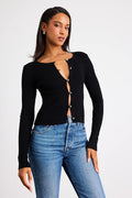 Scalia Black Ribbed Knit Button-Front Long Sleeve Top