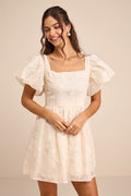 Cathaysa Cream Embroidered Puff Sleeve Bow Mini Dress