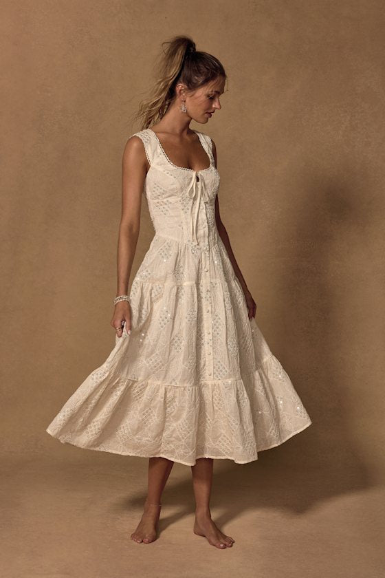 Antionette Cream Embroidered Sequin Button-Front Midi Dress