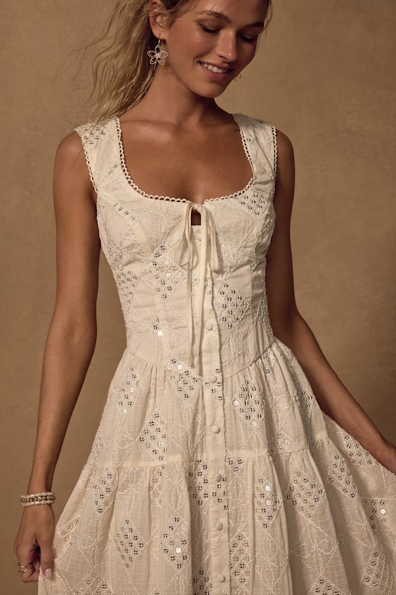 Antionette Cream Embroidered Sequin Button-Front Midi Dress