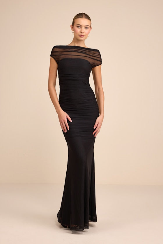 Sunama Black Mesh Ruched Mermaid Maxi Dress