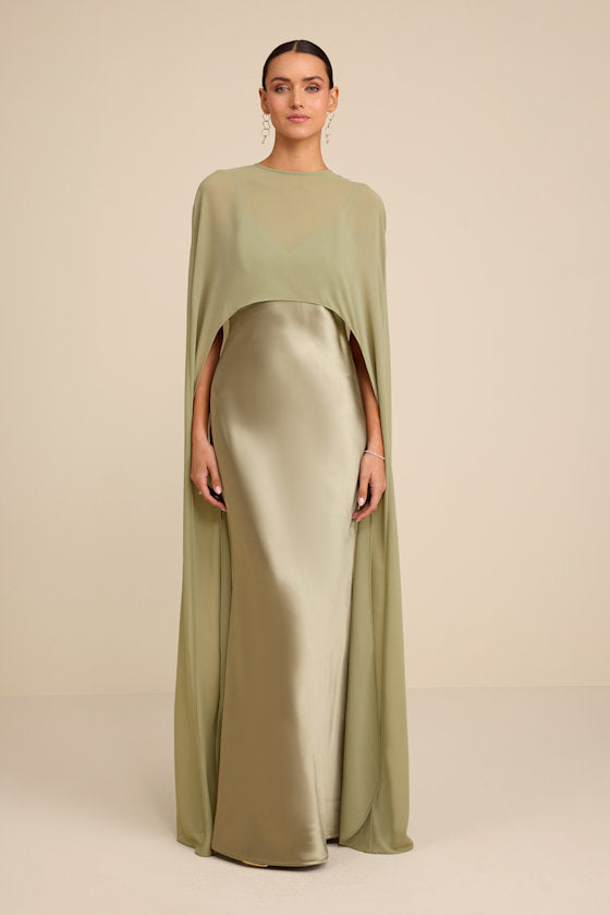 Cavana Sage Satin Cape Maxi Dress