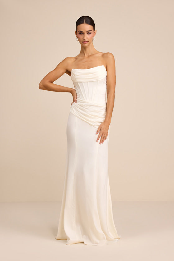 Claudette White Satin Strapless Bustier Maxi Dress