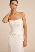 Claudette White Satin Strapless Bustier Maxi Dress