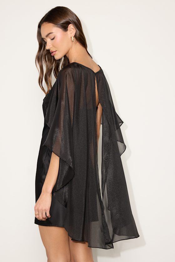 Amini Black Satin Cape Sleeve Mini Dress