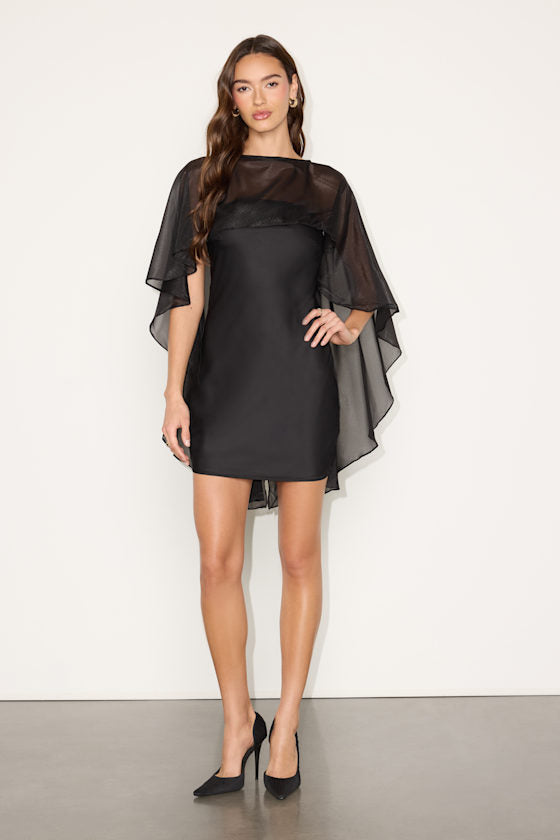 Amini Black Satin Cape Sleeve Mini Dress