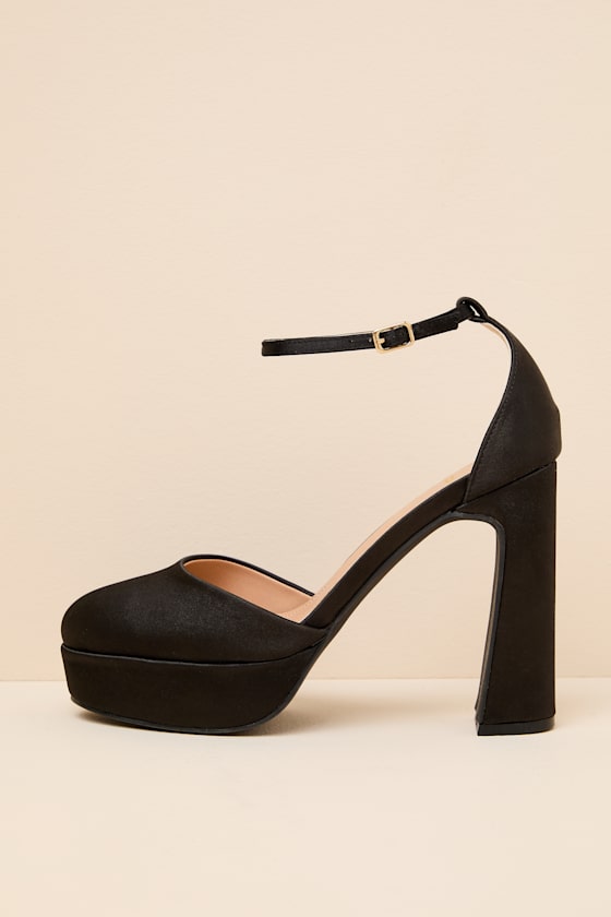 Vivien Black Satin Ankle Strap Platform Heels