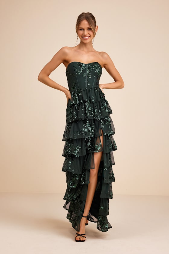 Definite Glamour Emerald Sequin Strapless Bustier Maxi Dress