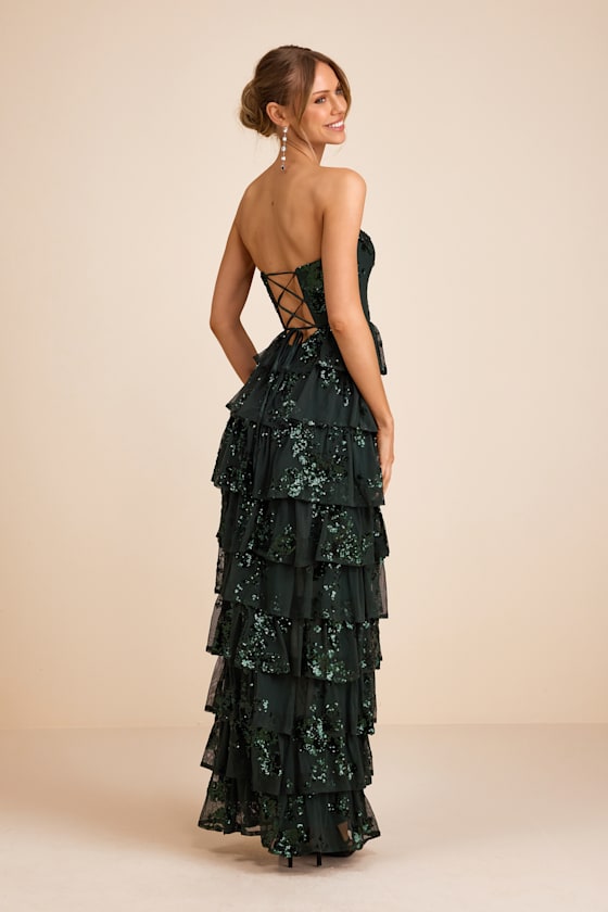 Definite Glamour Emerald Sequin Strapless Bustier Maxi Dress