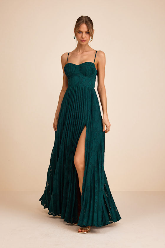Dacie Emerald Floral Burnout Pleated Bustier Maxi Dress