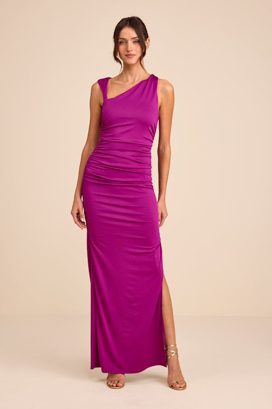 Enticing Darling Magenta Asymmetrical Ruched Maxi Dress