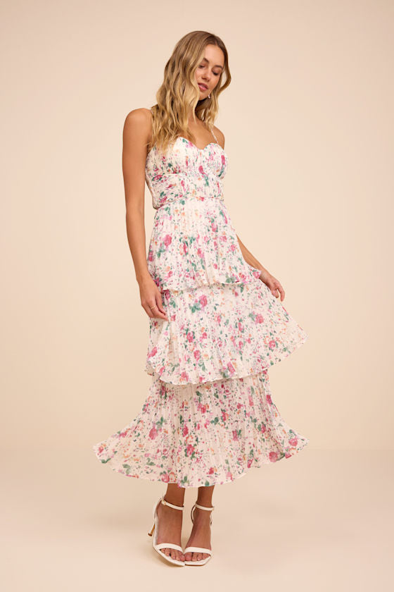 Cascading Crush Ivory Floral Print Tiered Bustier Midi Dress