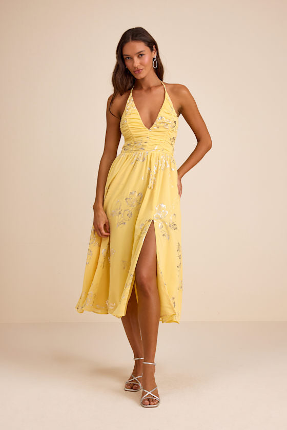 Danelle Yellow Floral Halter A-Line Midi Dress