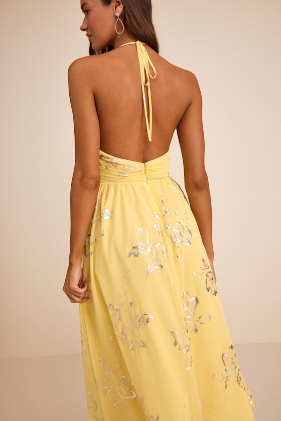 Danelle Yellow Floral Halter A-Line Midi Dress