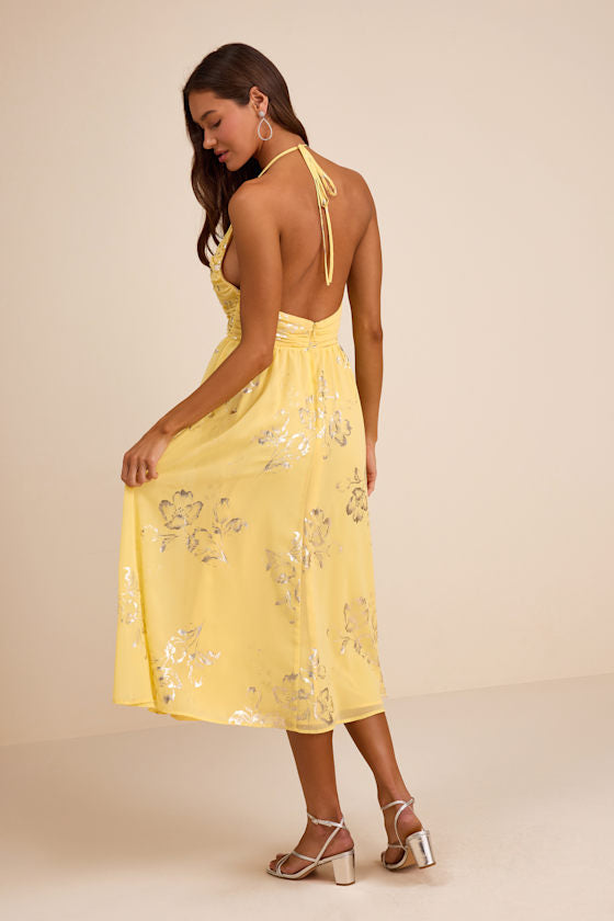 Danelle Yellow Floral Halter A-Line Midi Dress
