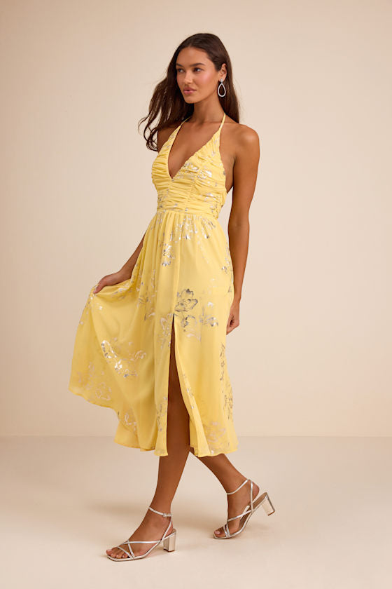Danelle Yellow Floral Halter A-Line Midi Dress