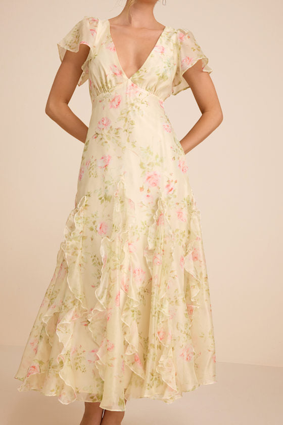 Deluca Light Green Floral Ruffled Midi Dress