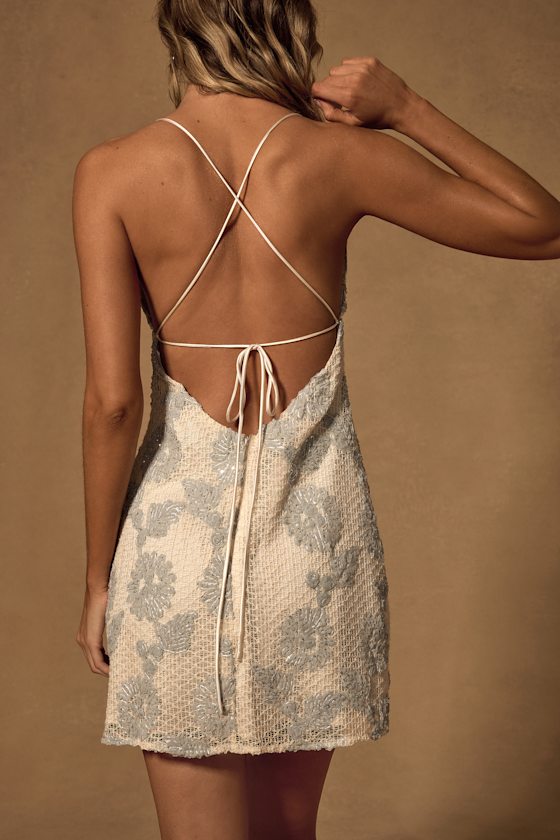 Ginetta Cream Textured Floral Sequin Tie-Back Mini Dress