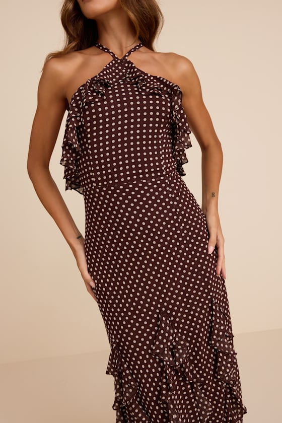 Casey Brown Polka Dot Halter Ruffled Maxi Dress