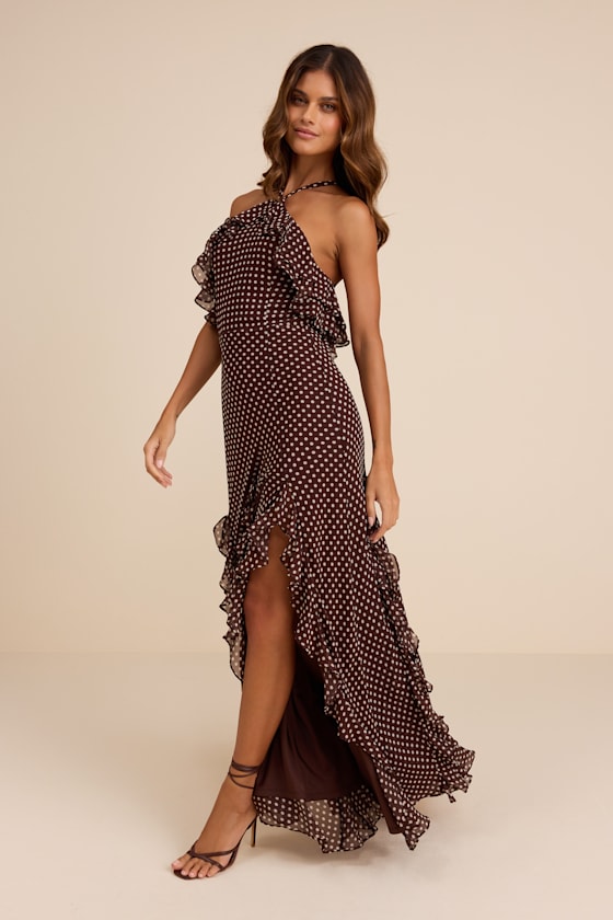 Casey Brown Polka Dot Halter Ruffled Maxi Dress