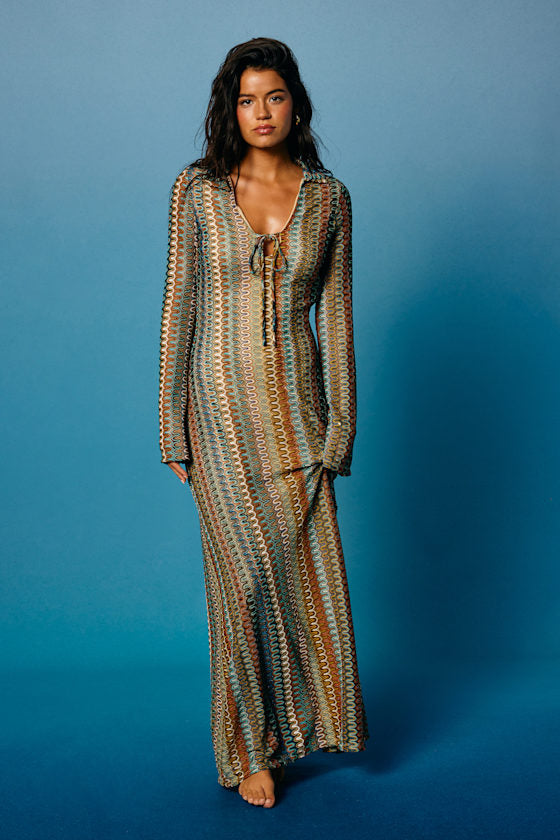 Vernazza Brown Multi Crochet Collared Long Sleeve Maxi Dress