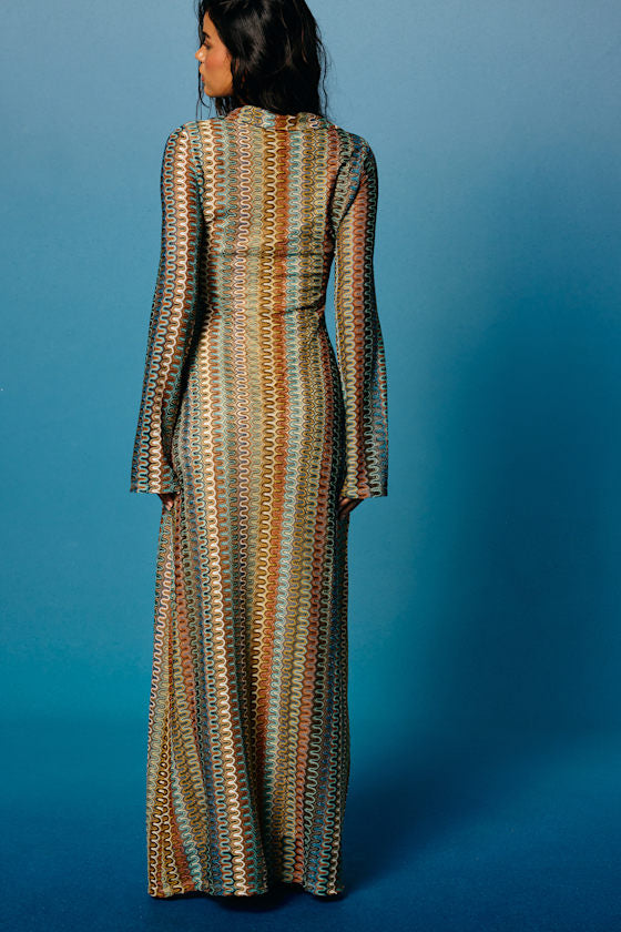 Vernazza Brown Multi Crochet Collared Long Sleeve Maxi Dress