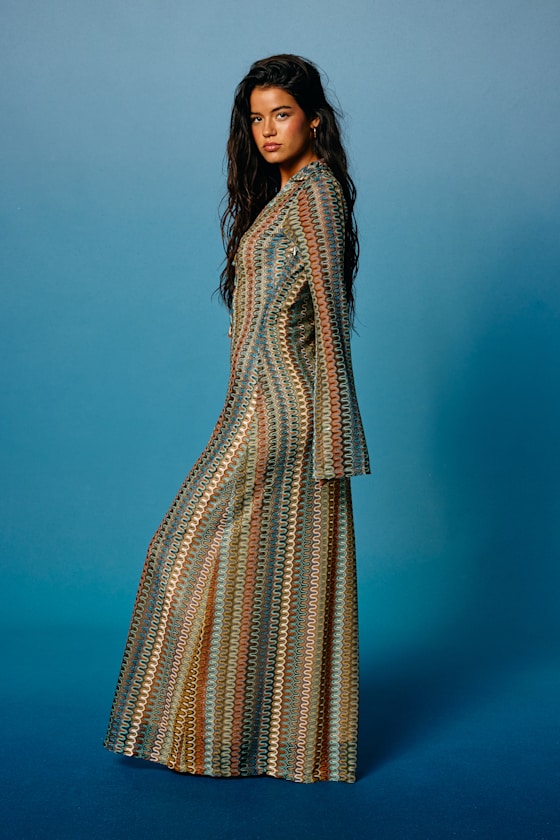 Vernazza Brown Multi Crochet Collared Long Sleeve Maxi Dress
