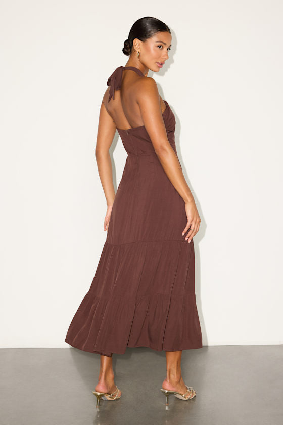 Always Eye-Catching Brown Tiered Halter Midi Dress