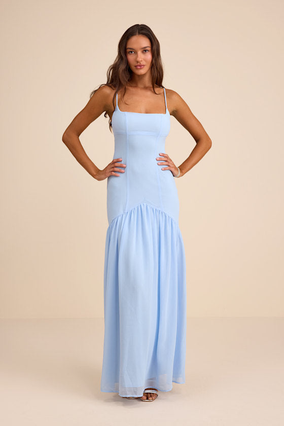 Auria Light Blue Chiffon Drop Waist Maxi Dress
