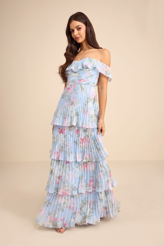 Always Remarkable Light Blue Floral Off-the-Shoulder Maxi Dress
