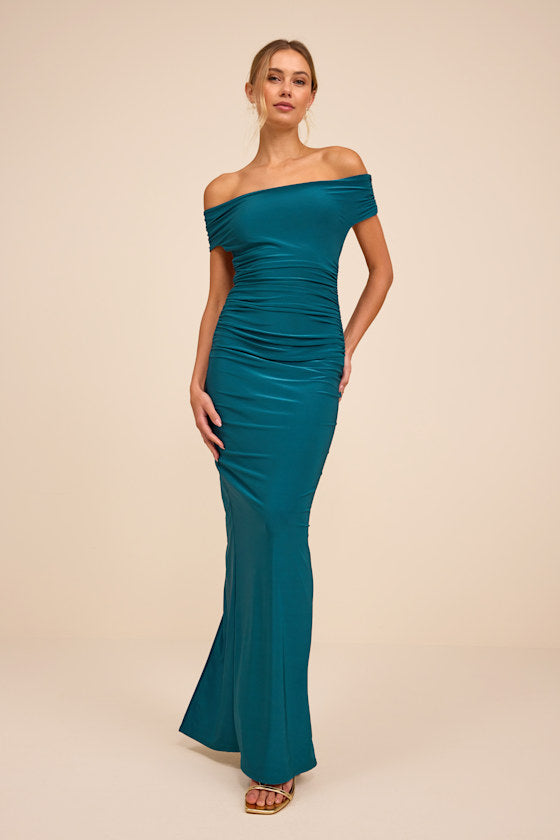 Brilliant Elegance Teal Off-the-Shoulder Backless Maxi Dress