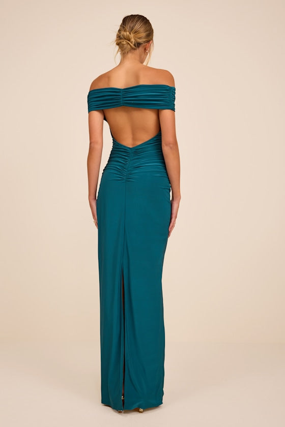 Brilliant Elegance Teal Off-the-Shoulder Backless Maxi Dress