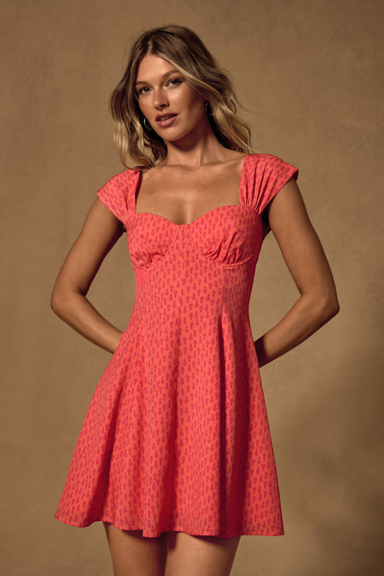 Filicia Coral Ditsy Floral Cap Sleeve Mini Dress