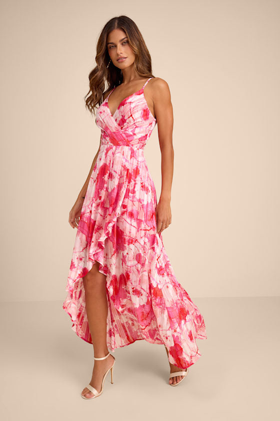 An Enchanting Dream Pink Multi Print High-Low Maxi Dress