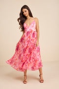 Sincerely Gorgeous Pink Multi Floral Pleated Midi Dress