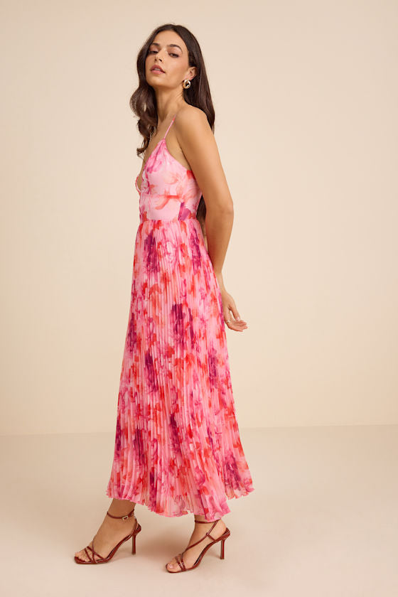Sincerely Gorgeous Pink Multi Floral Pleated Midi Dress