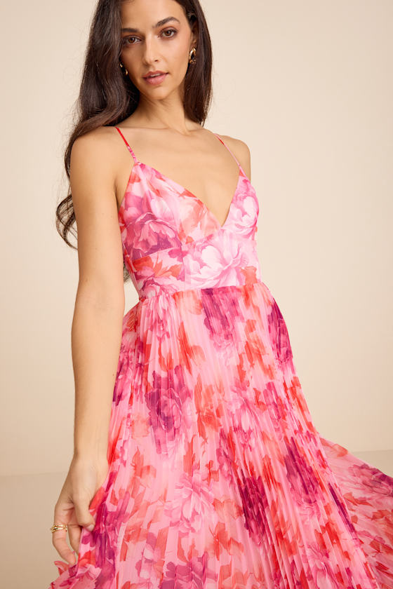 Sincerely Gorgeous Pink Multi Floral Pleated Midi Dress
