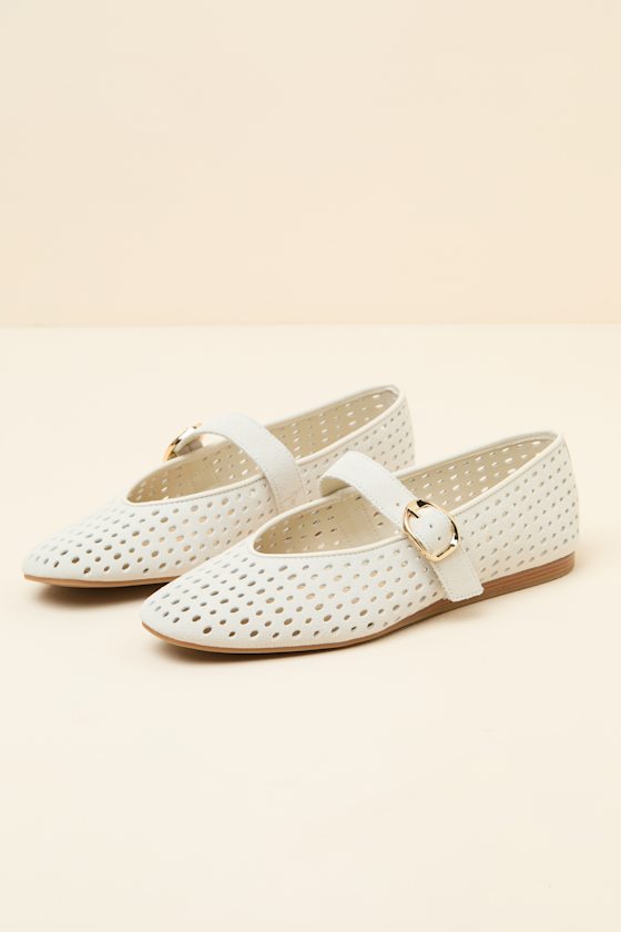 Baylee Cream Perforated Suede Buckle Ballet Flats