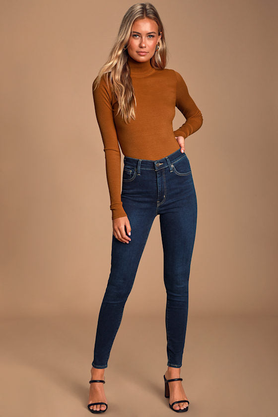 Wilde Rust Orange Ribbed Long Sleeve Mock Neck Bodysuit