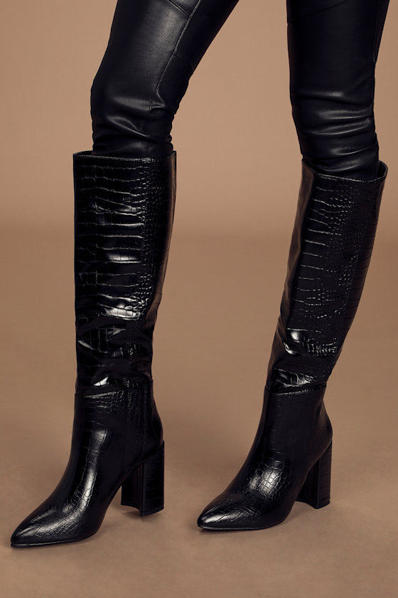 Katari Black Croc Pointed-Toe Knee High Boots