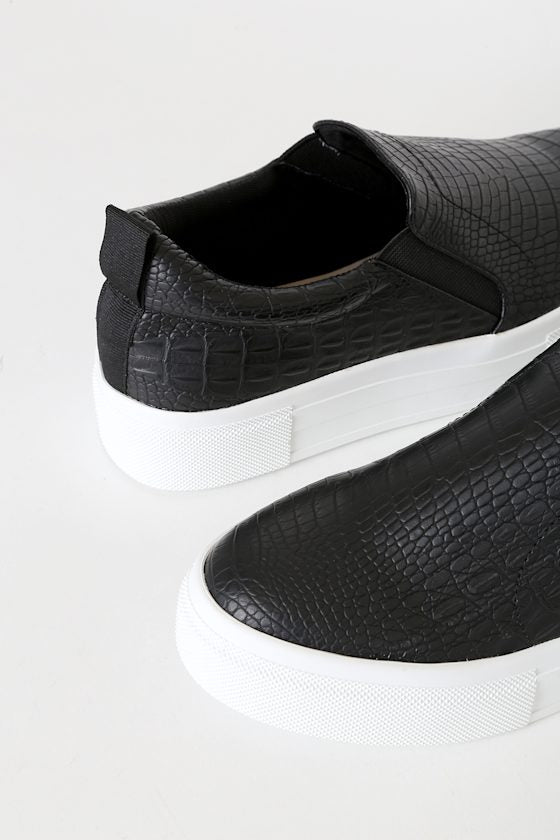 Cassay Black Crocodile-Embossed Platform Slip-On Sneakers