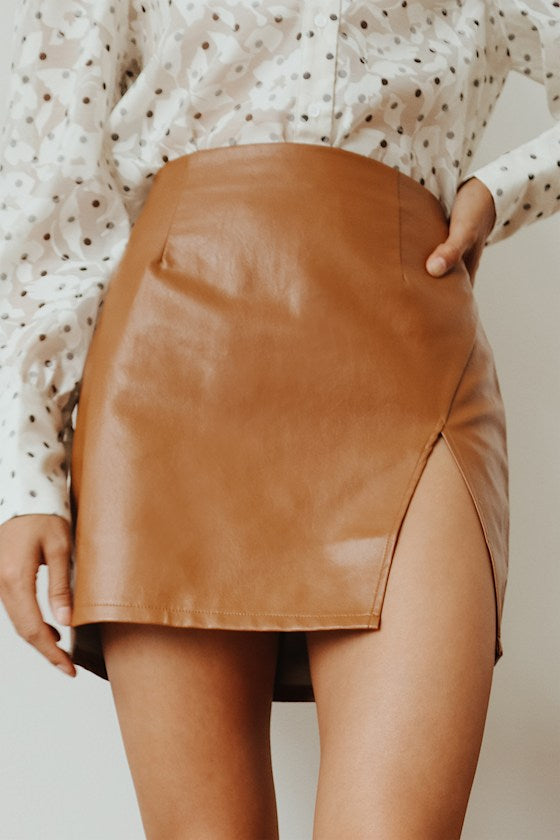 Walking the Walk Camel Vegan Leather Mini Skirt
