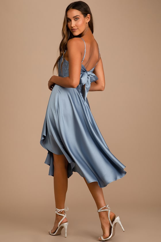 Days Like Today Blue Satin Asymmetrical Tie-Back Midi Dress
