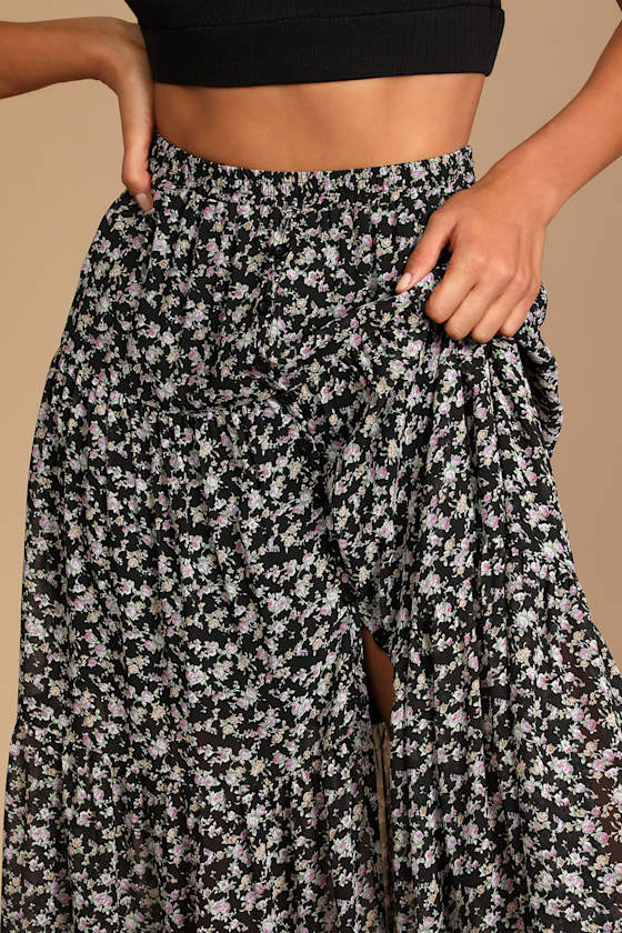 Subtle Sweetness Black Floral Print Tiered Maxi Skirt