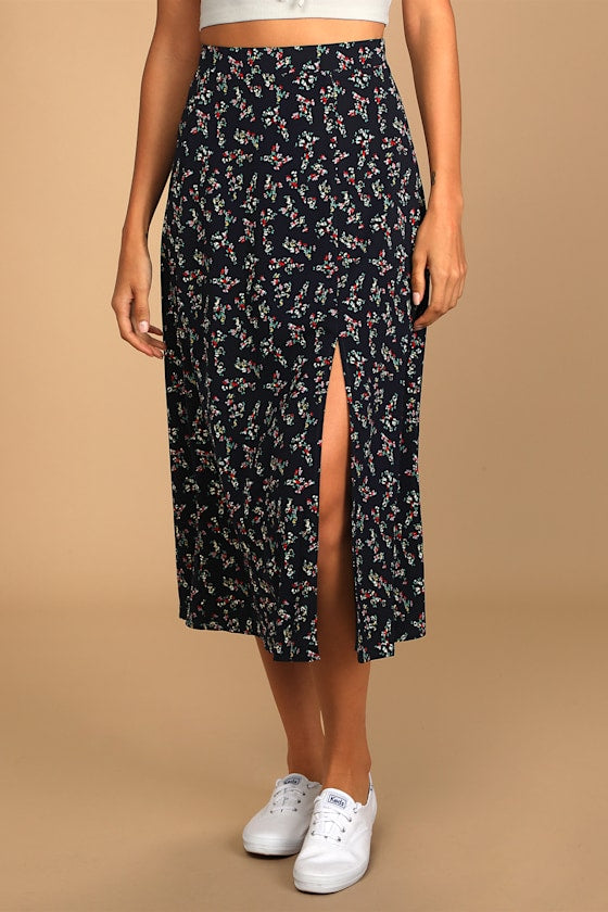 Bliss Me Navy Blue Floral Print Midi Skirt